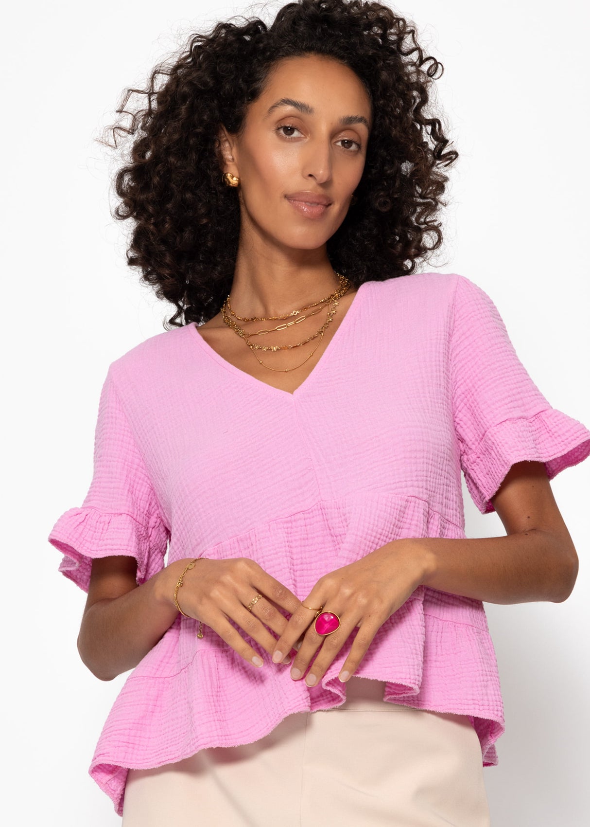 Muslin shirt with flounces - pink