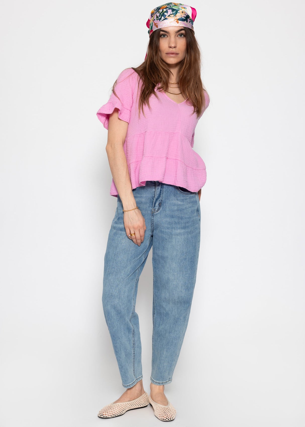 Muslin shirt with flounces - pink