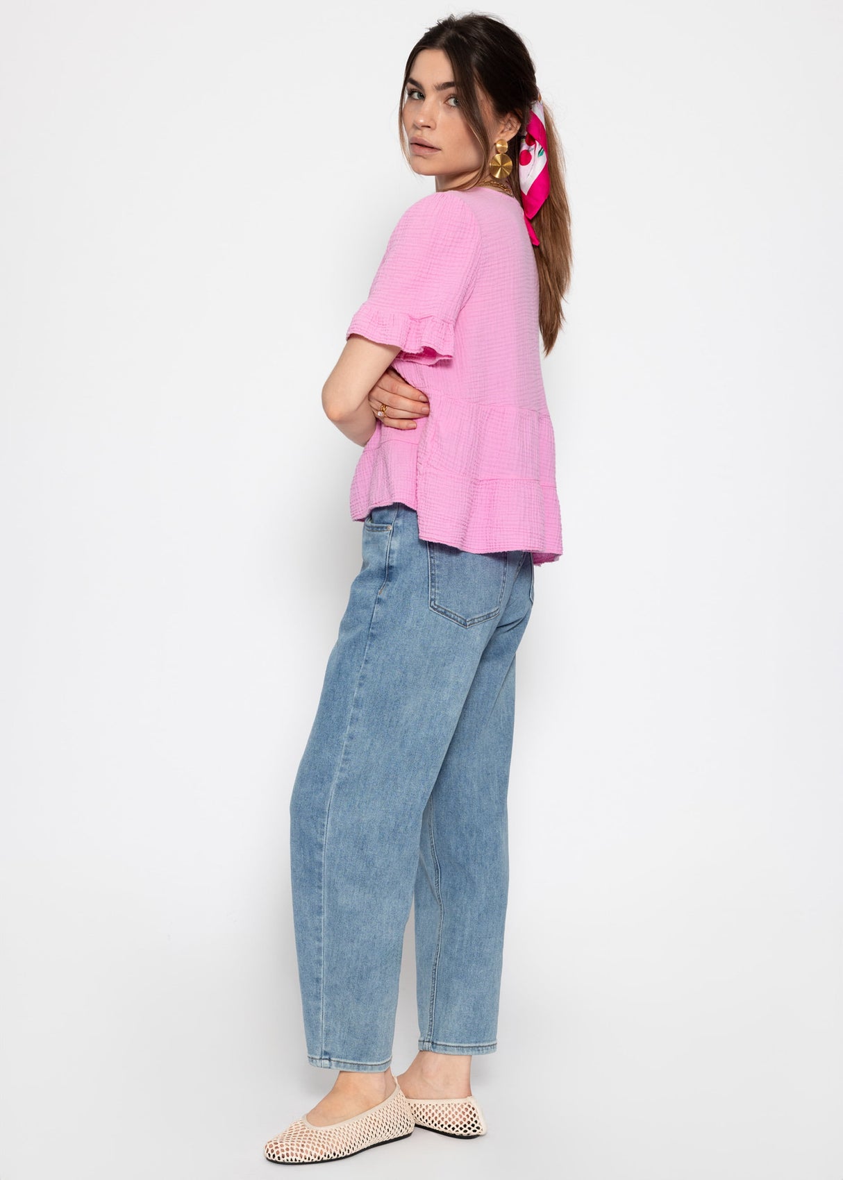 Muslin shirt with flounces - pink