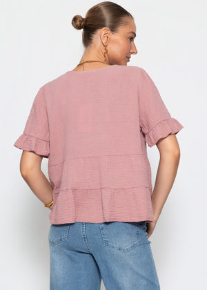 Musselin Shirt mit Volants und tiefem V-Ausschnitt - altrosa
