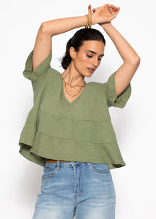 Muslin shirt with ruffles and deep V-neck - khaki