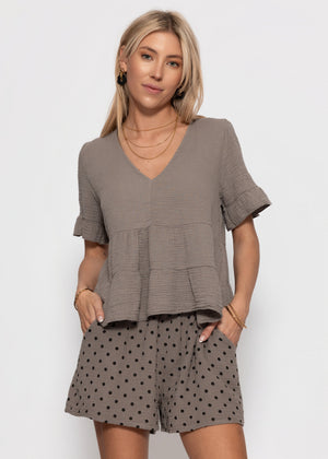 Musselin Shirt mit Volants und tiefem V-Ausschnitt - taupe