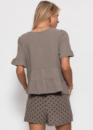 Musselin Shirt mit Volants und tiefem V-Ausschnitt - taupe