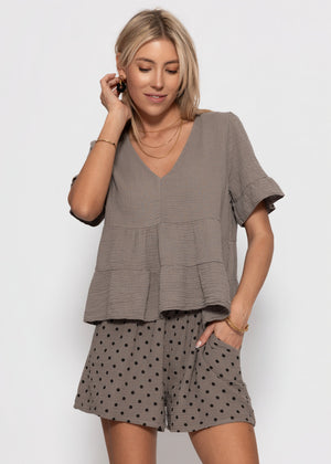 Musselin Shirt mit Volants und tiefem V-Ausschnitt - taupe