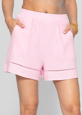 Musselin Shorts mit Spitzenborte - babyrosa