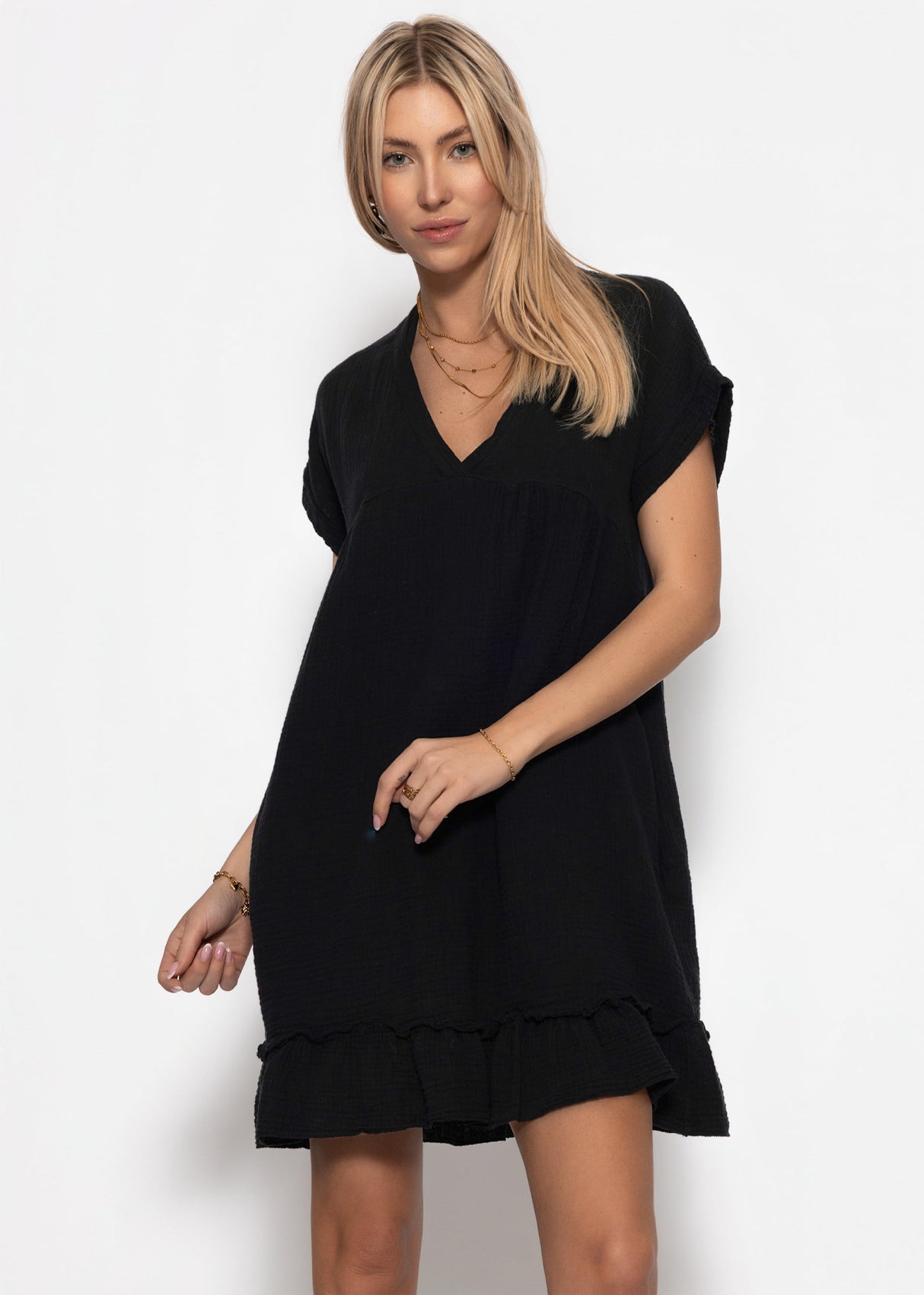 Muslin dress with V-neck - black