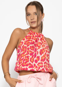 Schulterfreies Musselin Top mit Leo-Print - pink