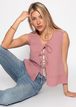 Muslin top with bow closure - dusky pink