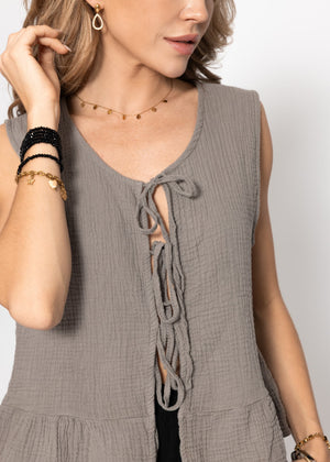 Muslin top with bow closure - taupe