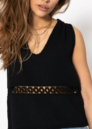 Musselin Top mit Spitzenborte - schwarz