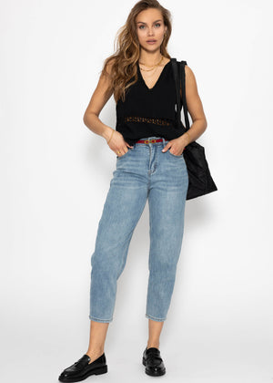 Musselin Top mit Spitzenborte - schwarz