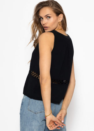 Musselin Top mit Spitzenborte - schwarz