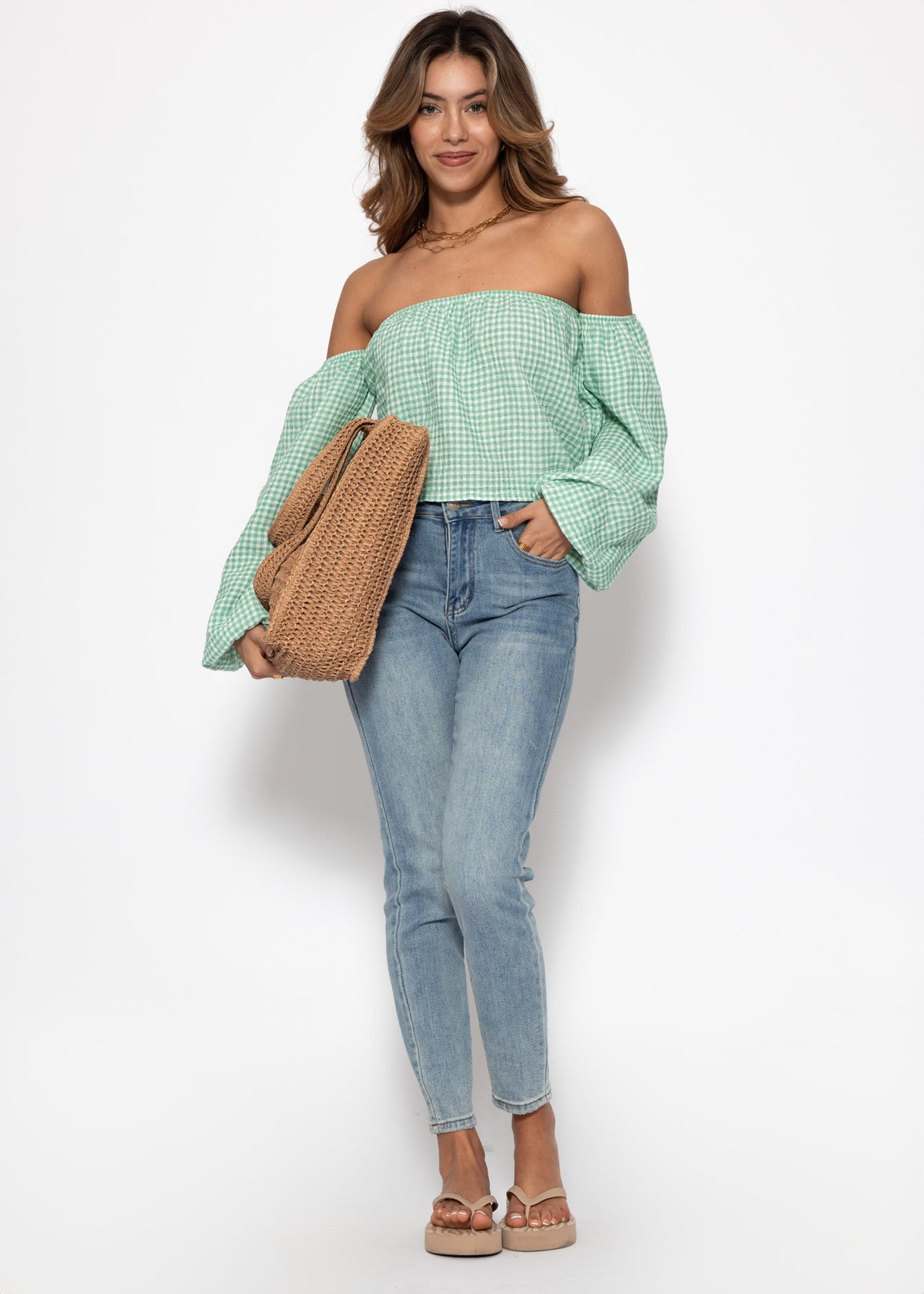 Off-the-shoulder muslin top with Vichy print - sage green and white