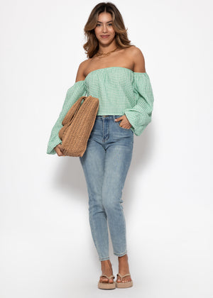 Off-the-shoulder muslin top with Vichy print - sage green and white