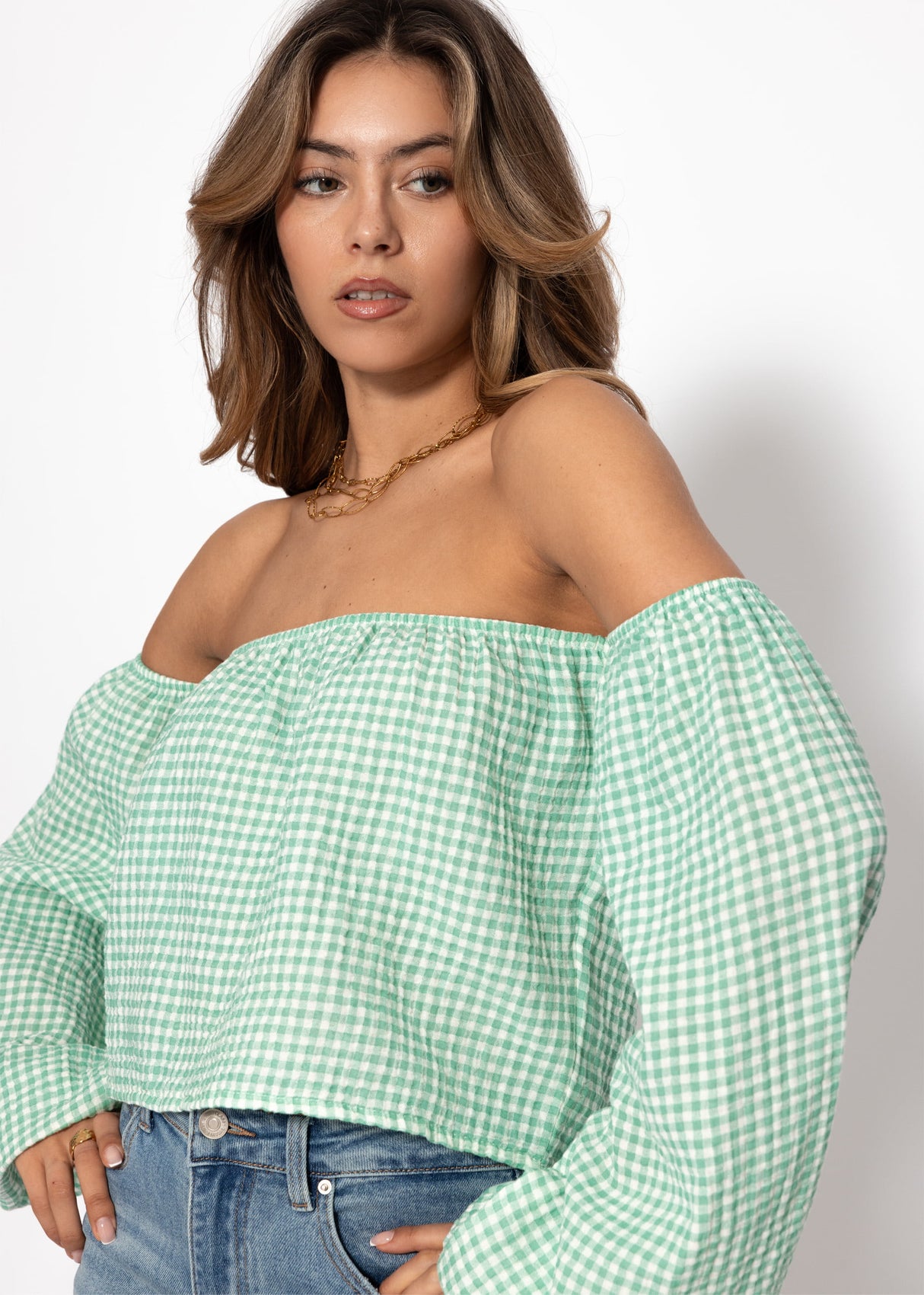 Off-the-shoulder muslin top with Vichy print - sage green and white