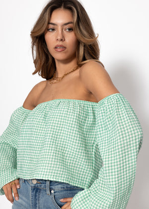 Off-the-shoulder muslin top with Vichy print - sage green and white
