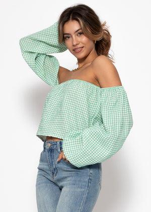 Off-the-shoulder muslin top with Vichy print - sage green and white