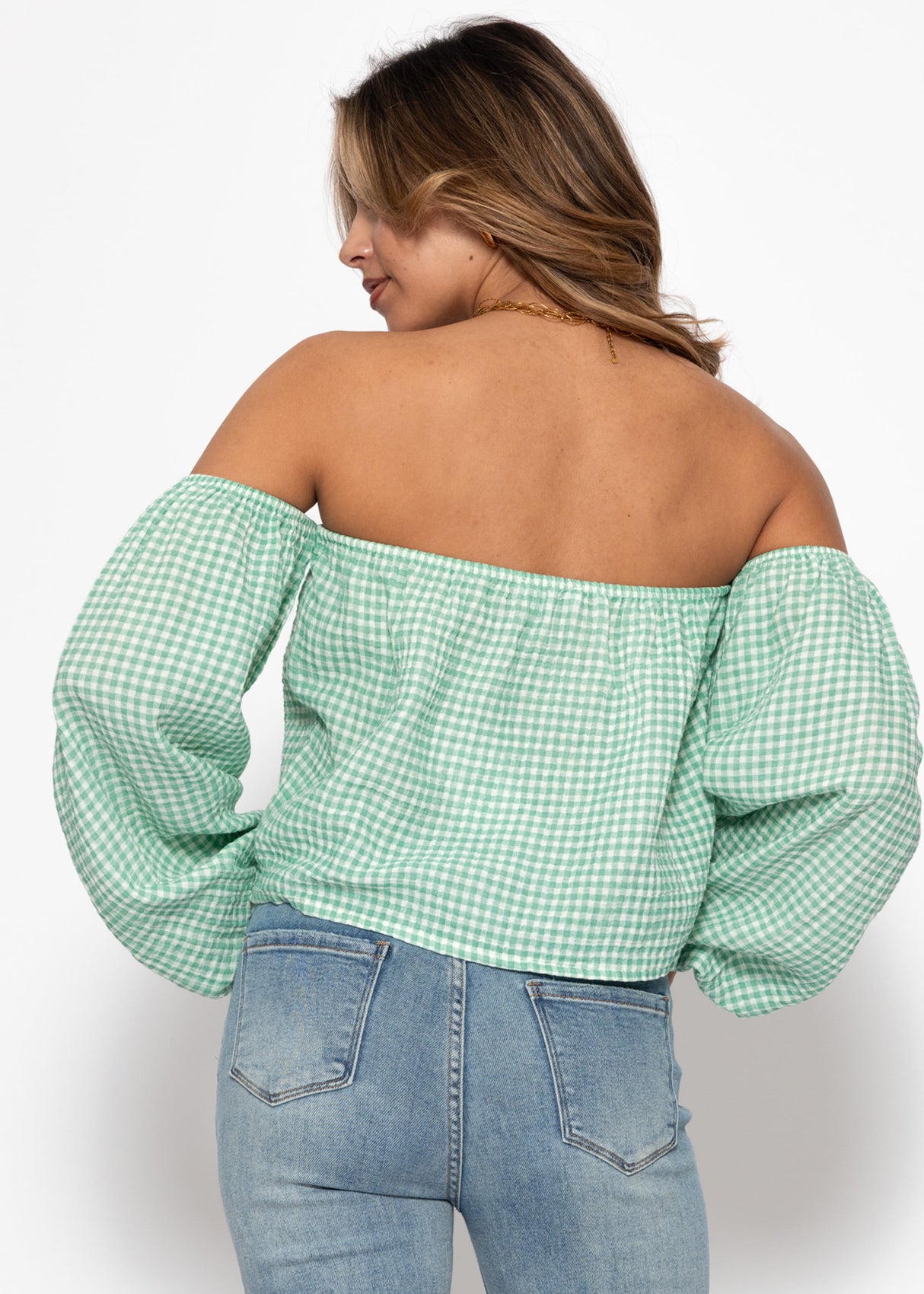 Off-the-shoulder muslin top with Vichy print - sage green and white
