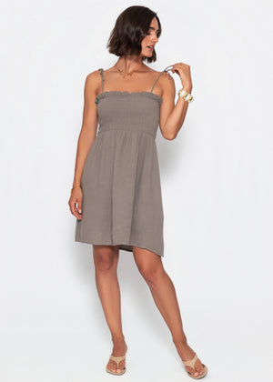 Musselin Kleid mit Smok-Oberteil und Schleifenträgern - taupe