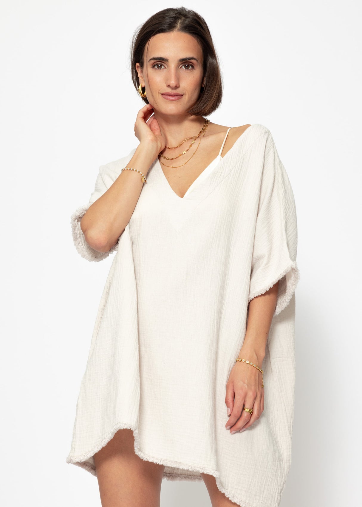 Musselin Tunika mit Fransen - hellbeige