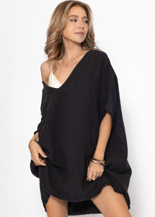 Muslin tunic with fringes - black