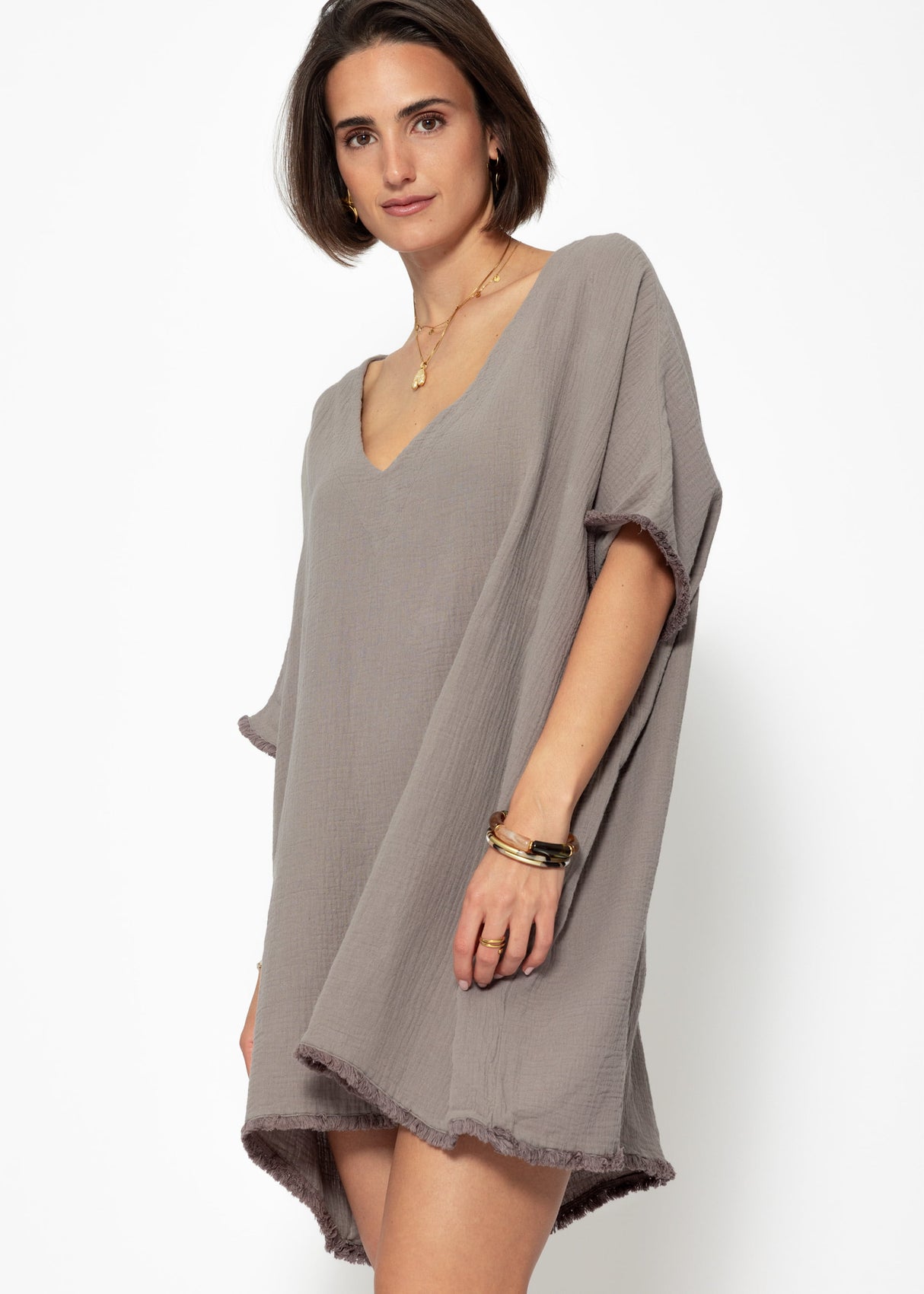Musselin Tunika mit Fransen - taupe