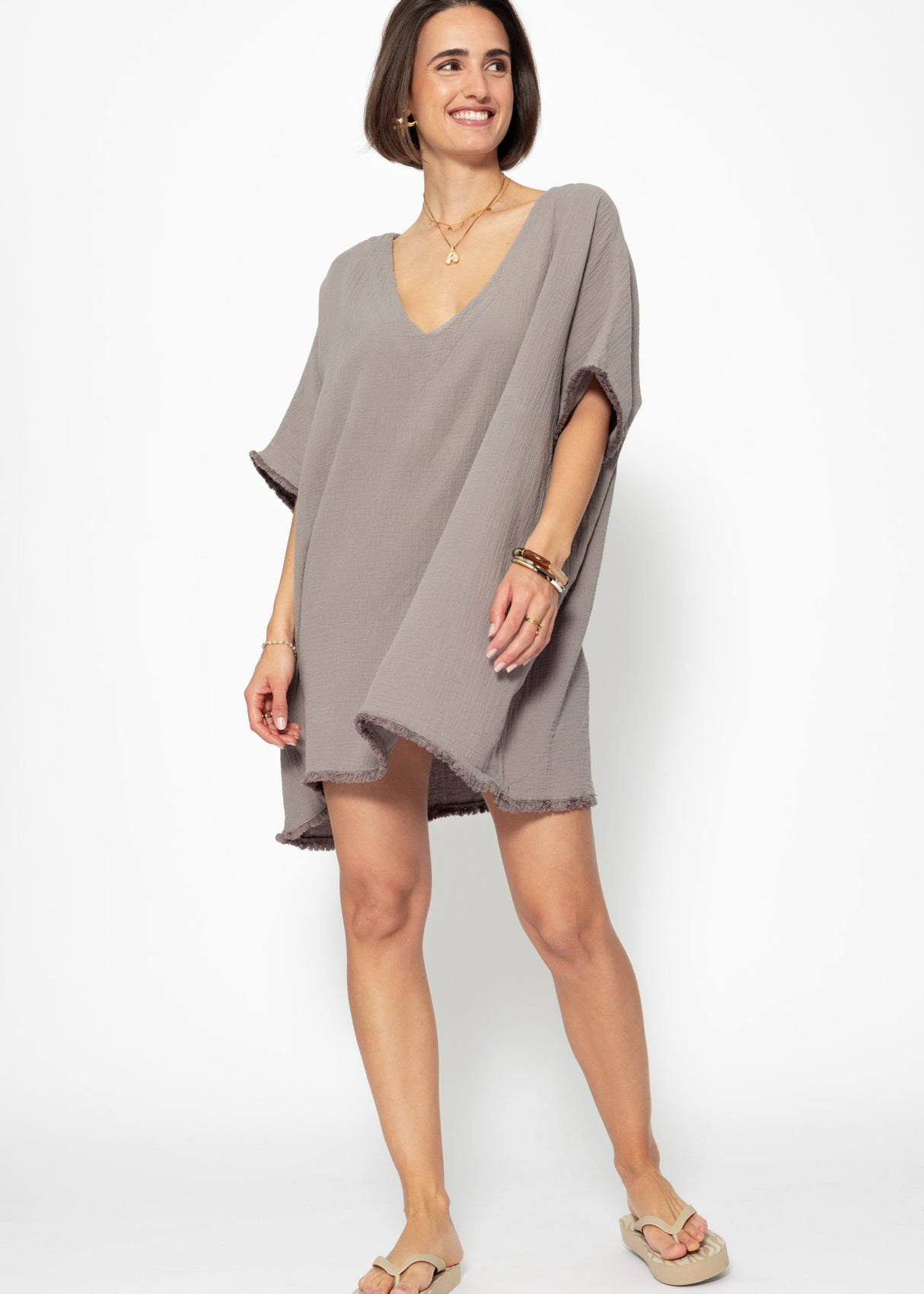 Musselin Tunika mit Fransen - taupe