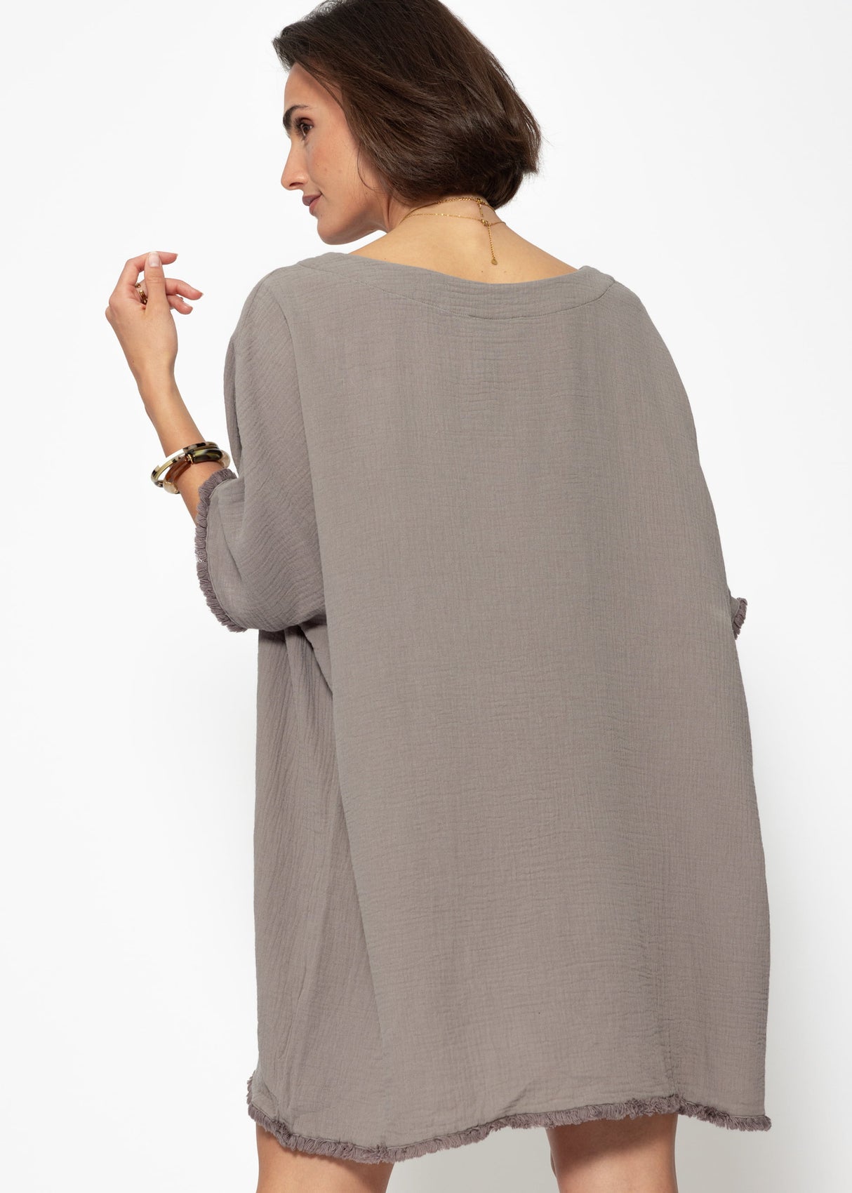 Musselin Tunika mit Fransen - taupe