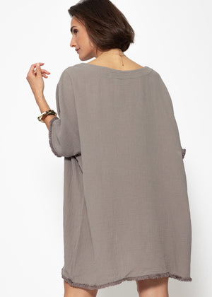 Musselin Tunika mit Fransen - taupe