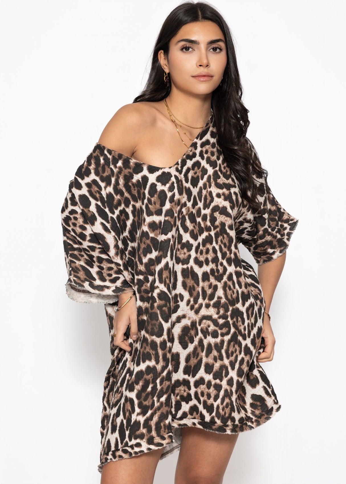 Musselin Tunika mit Leo-Print - braun