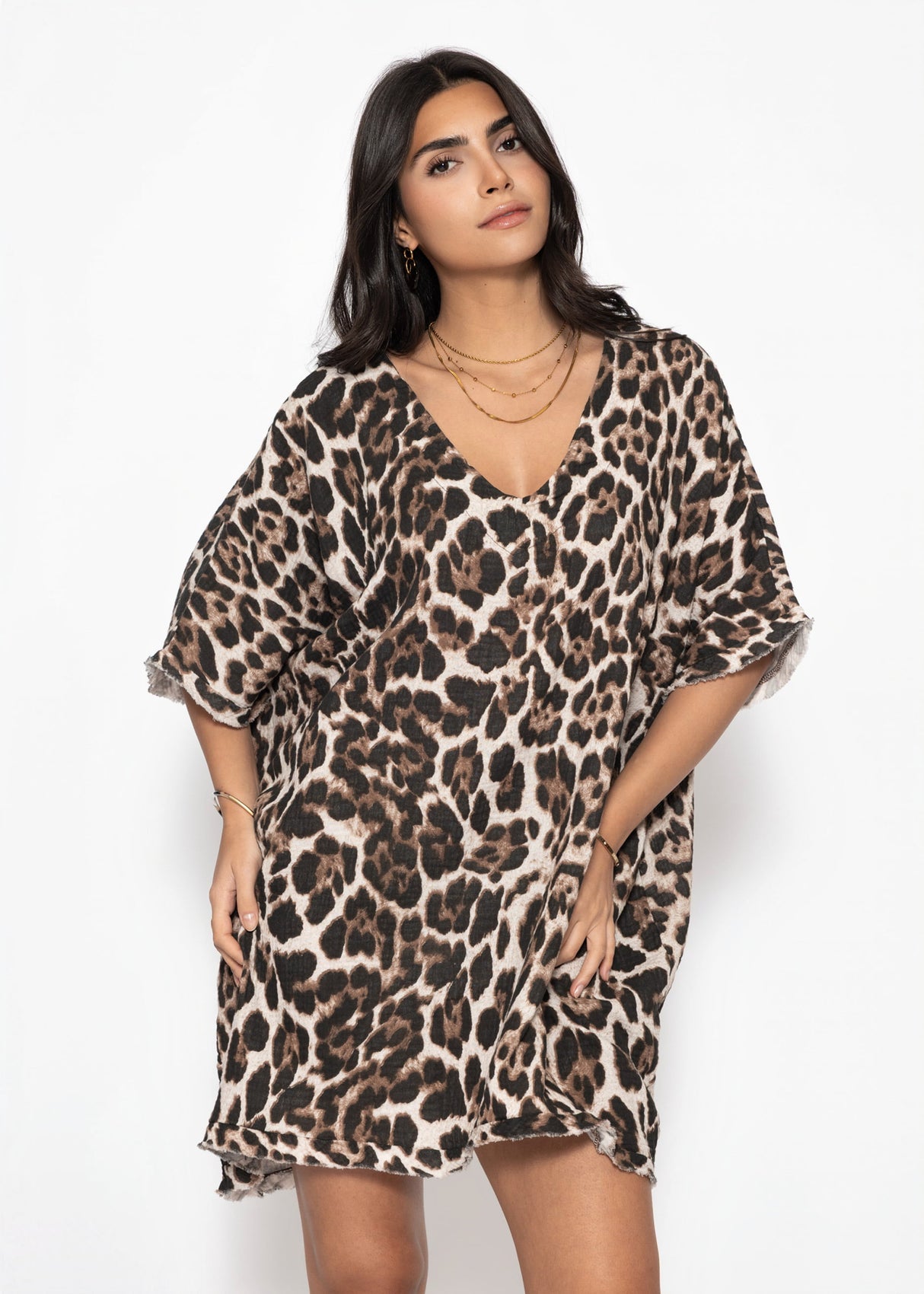 Musselin Tunika mit Leo-Print - braun