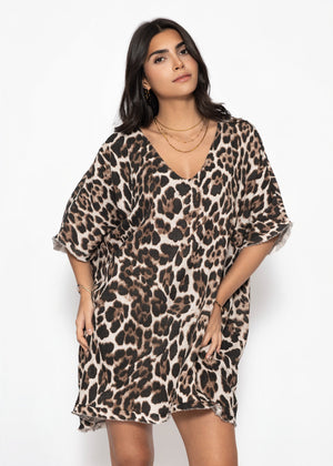 Musselin Tunika mit Leo-Print - braun