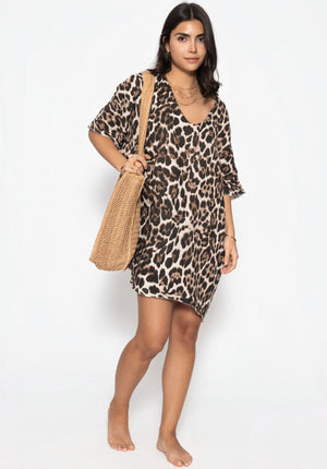 Musselin Tunika mit Leo-Print - braun
