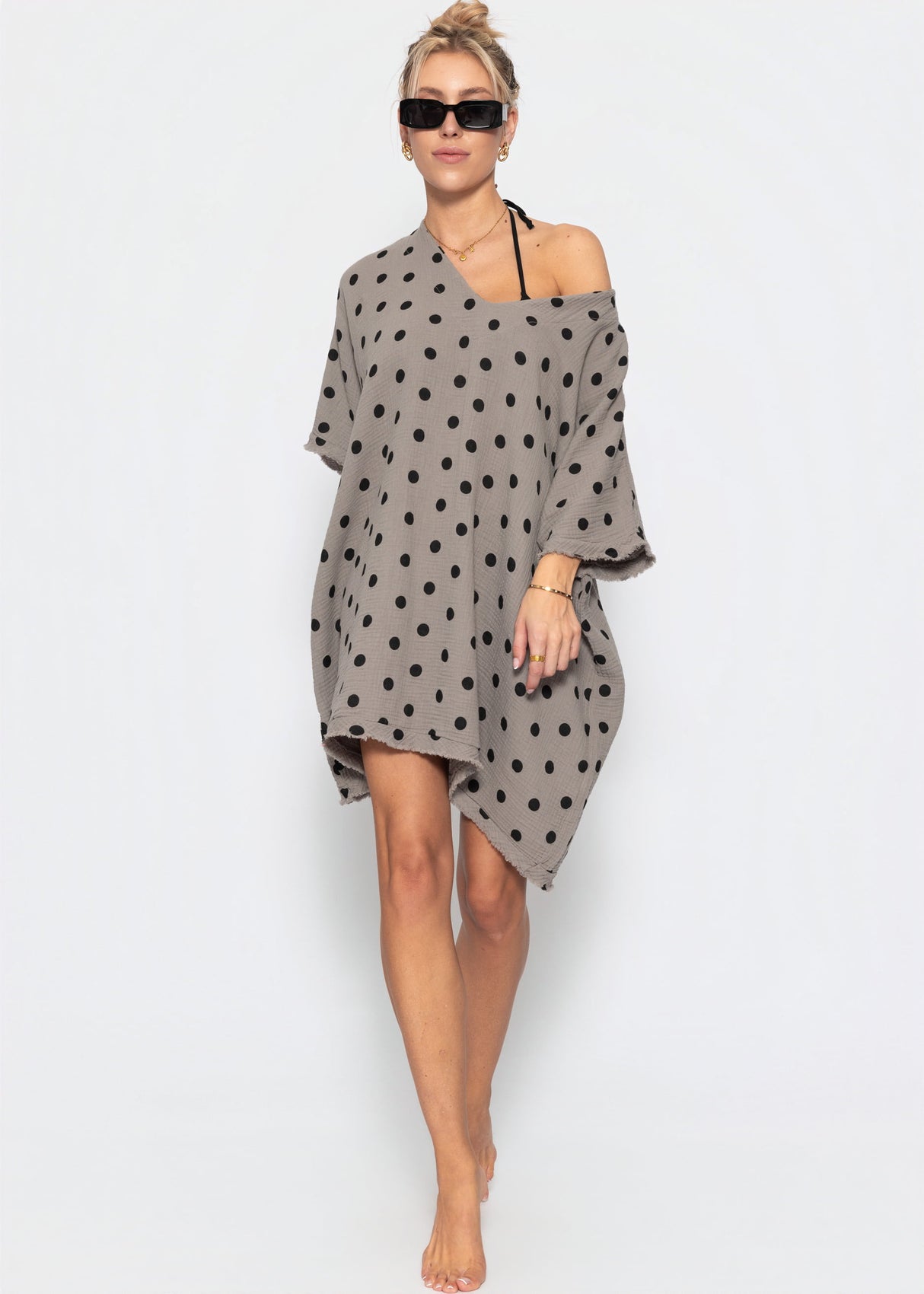 Musselin Tunika mit Punkte-Print - taupe-schwarz