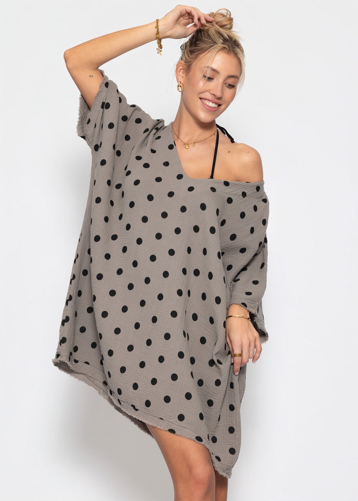 Musselin Tunika mit Punkte-Print - taupe-schwarz