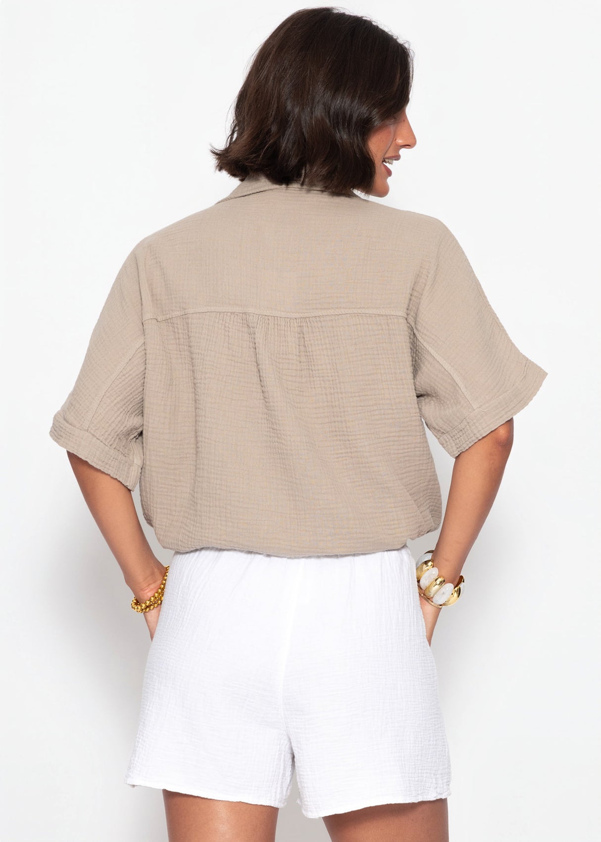 Musselinbluse mit Zugbandsaum - clay