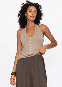 Neckholder-Top mit Zierknöpfe - taupe