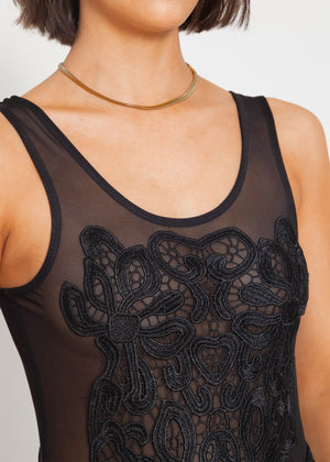 Mesh bodysuit with embroidery, black