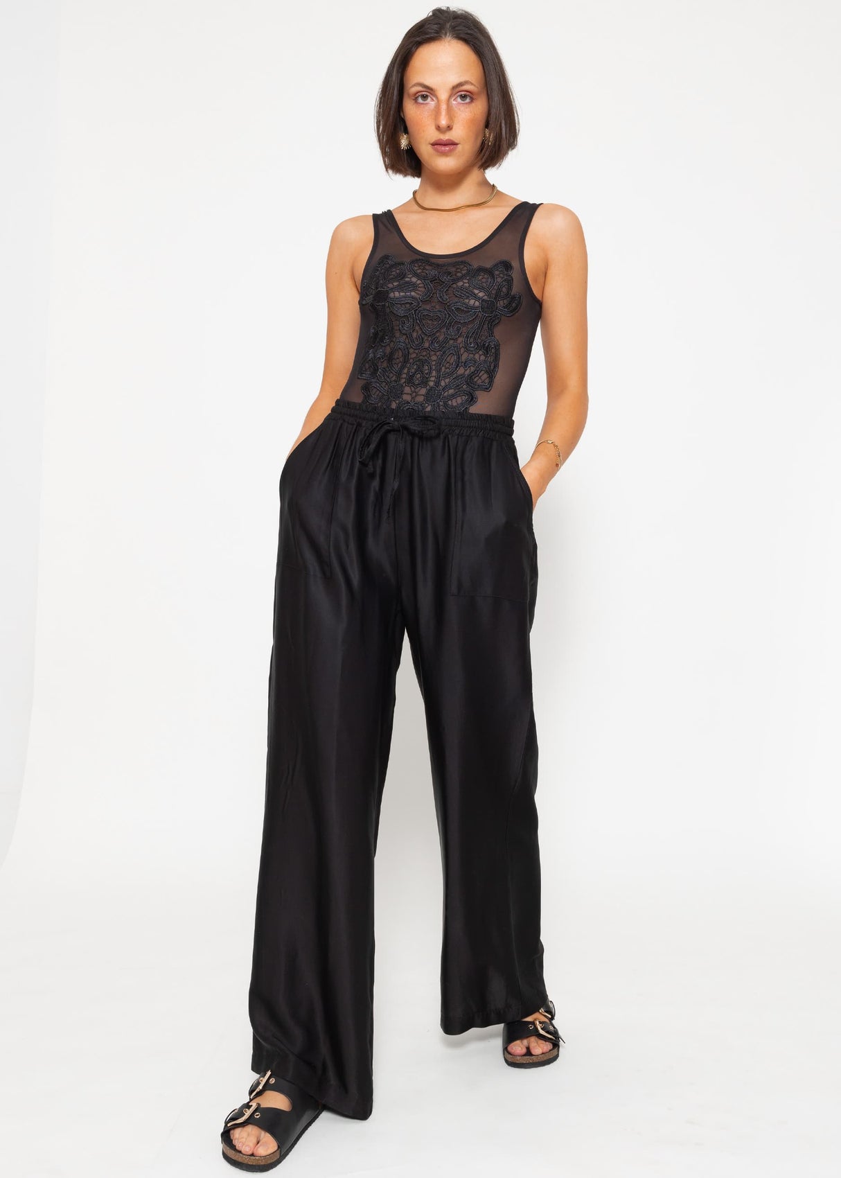 Mesh bodysuit with embroidery, black