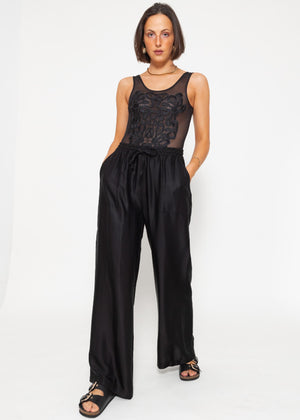 Mesh bodysuit with embroidery, black