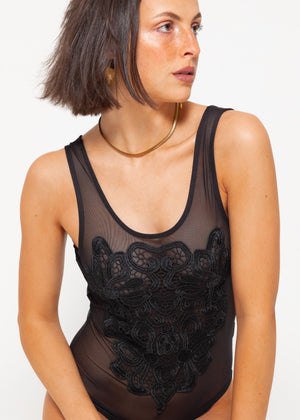 Mesh bodysuit with embroidery, black