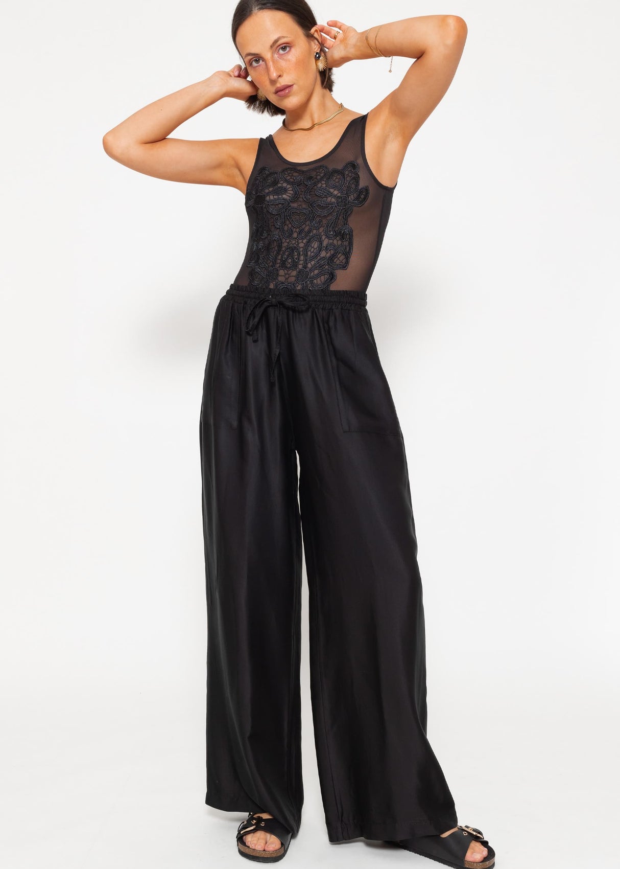 Mesh bodysuit with embroidery, black