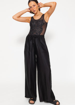 Mesh bodysuit with embroidery, black