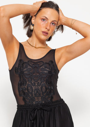 Mesh bodysuit with embroidery, black