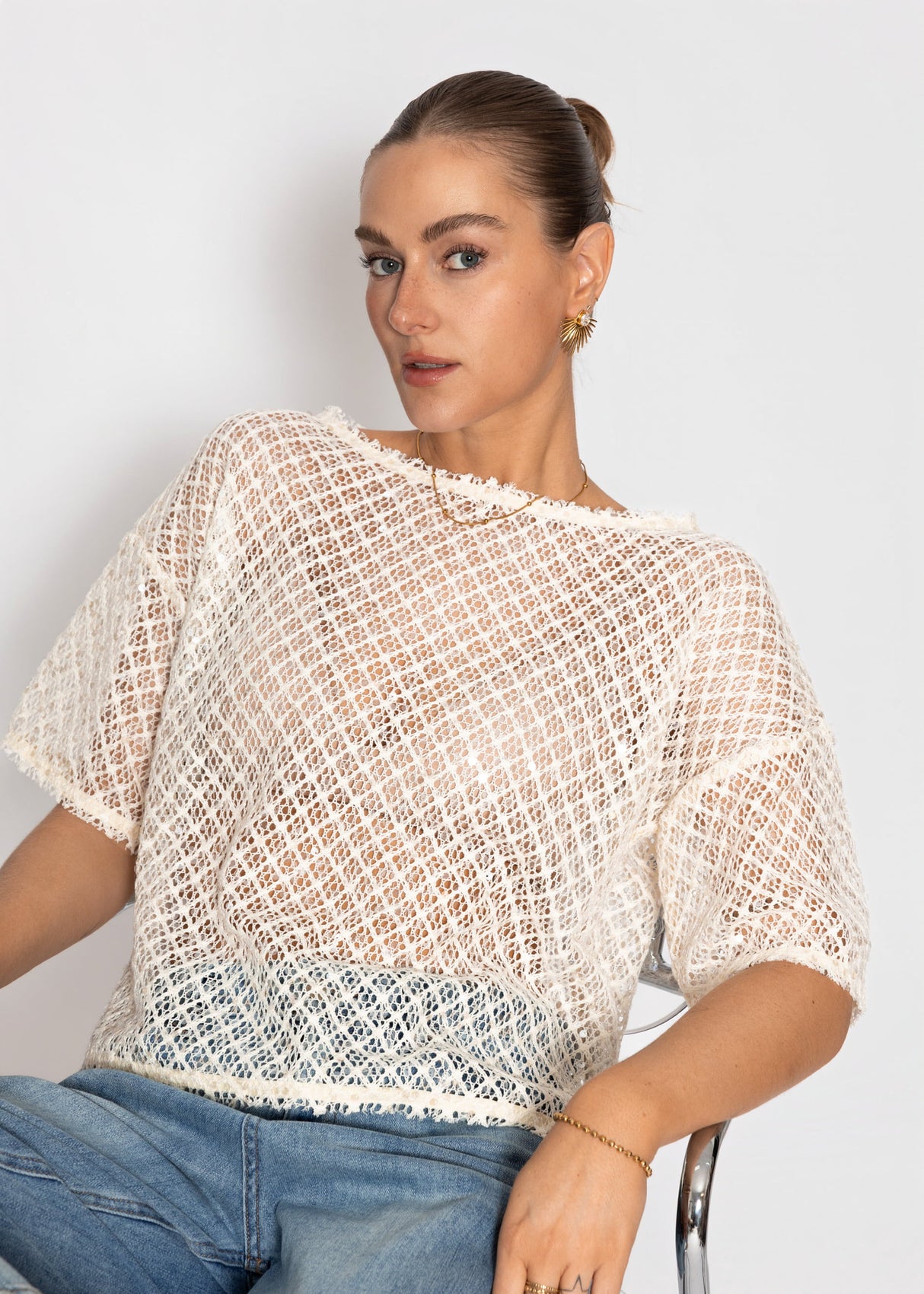 Netz-Shirt mit Pailletten - creme