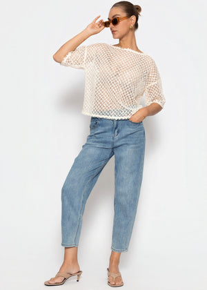 Netz-Shirt mit Pailletten - creme