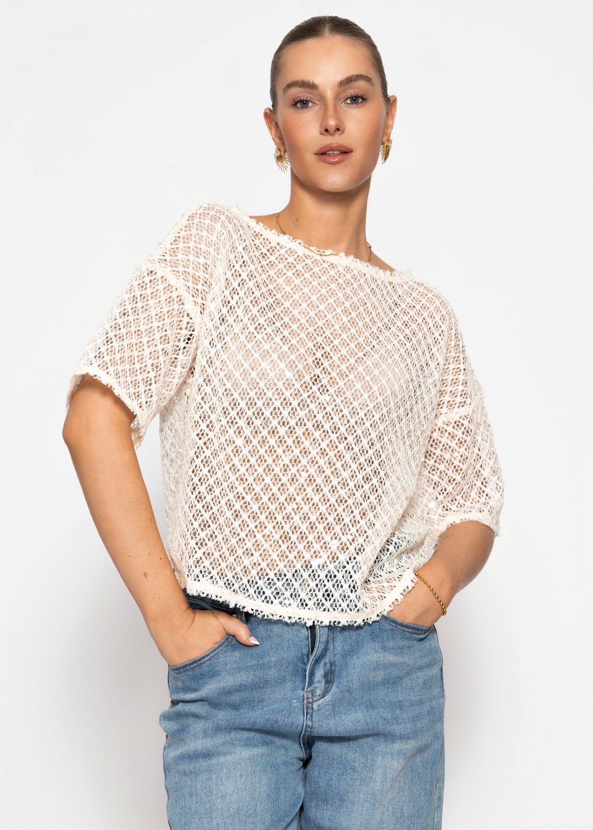Netz-Shirt mit Pailletten - creme