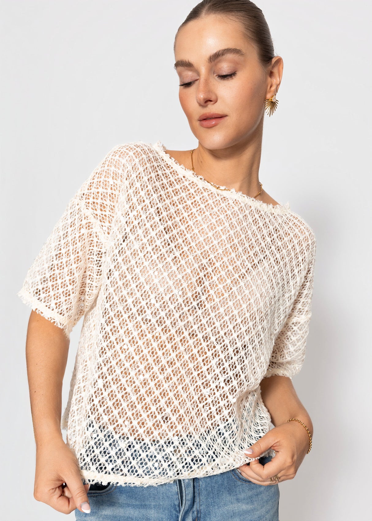 Netz-Shirt mit Pailletten - creme