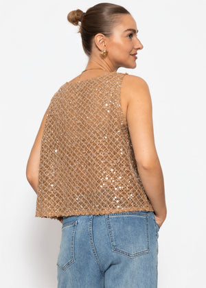 Netz-Top mit Pailletten - beige