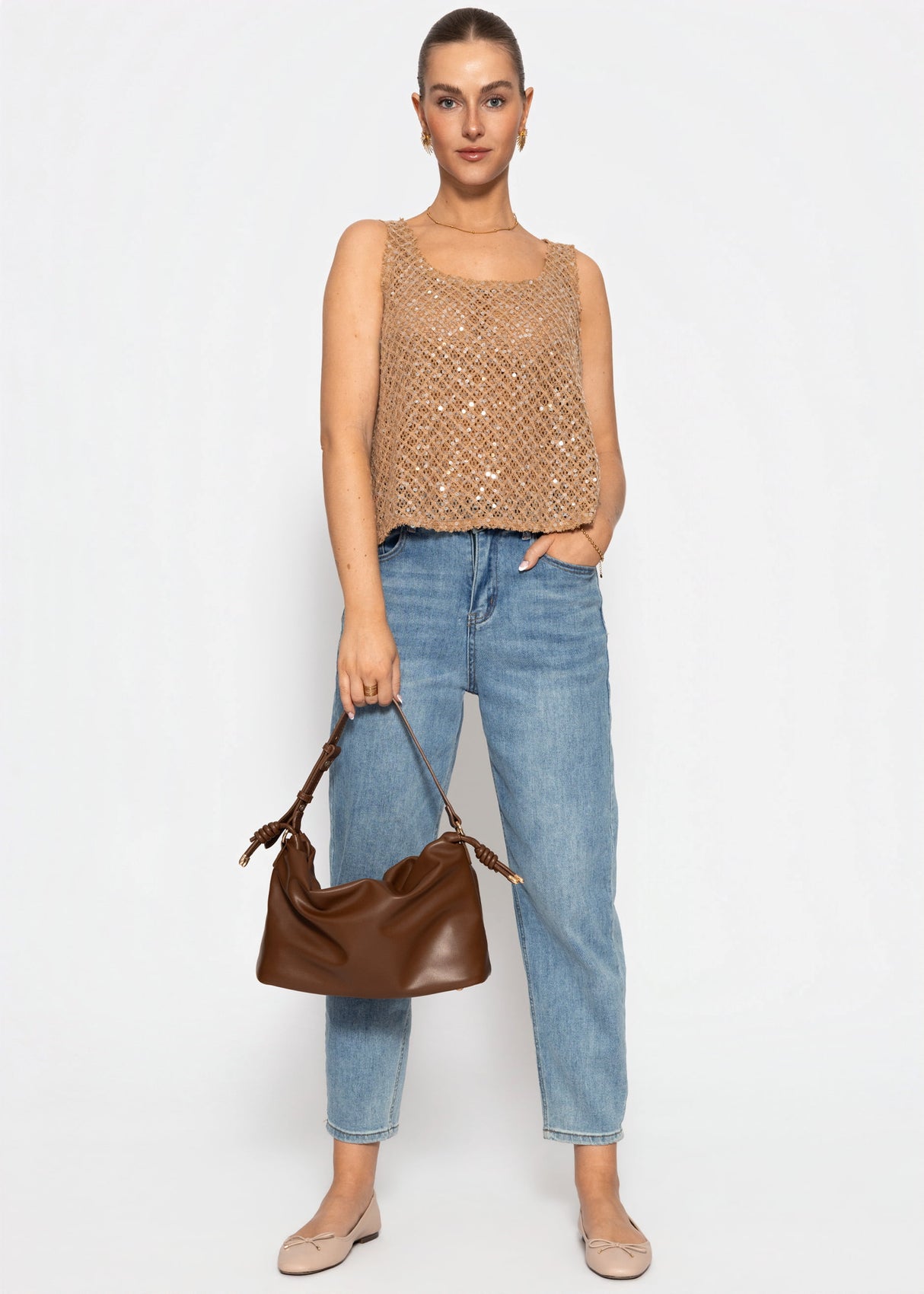 Netz-Top mit Pailletten - beige